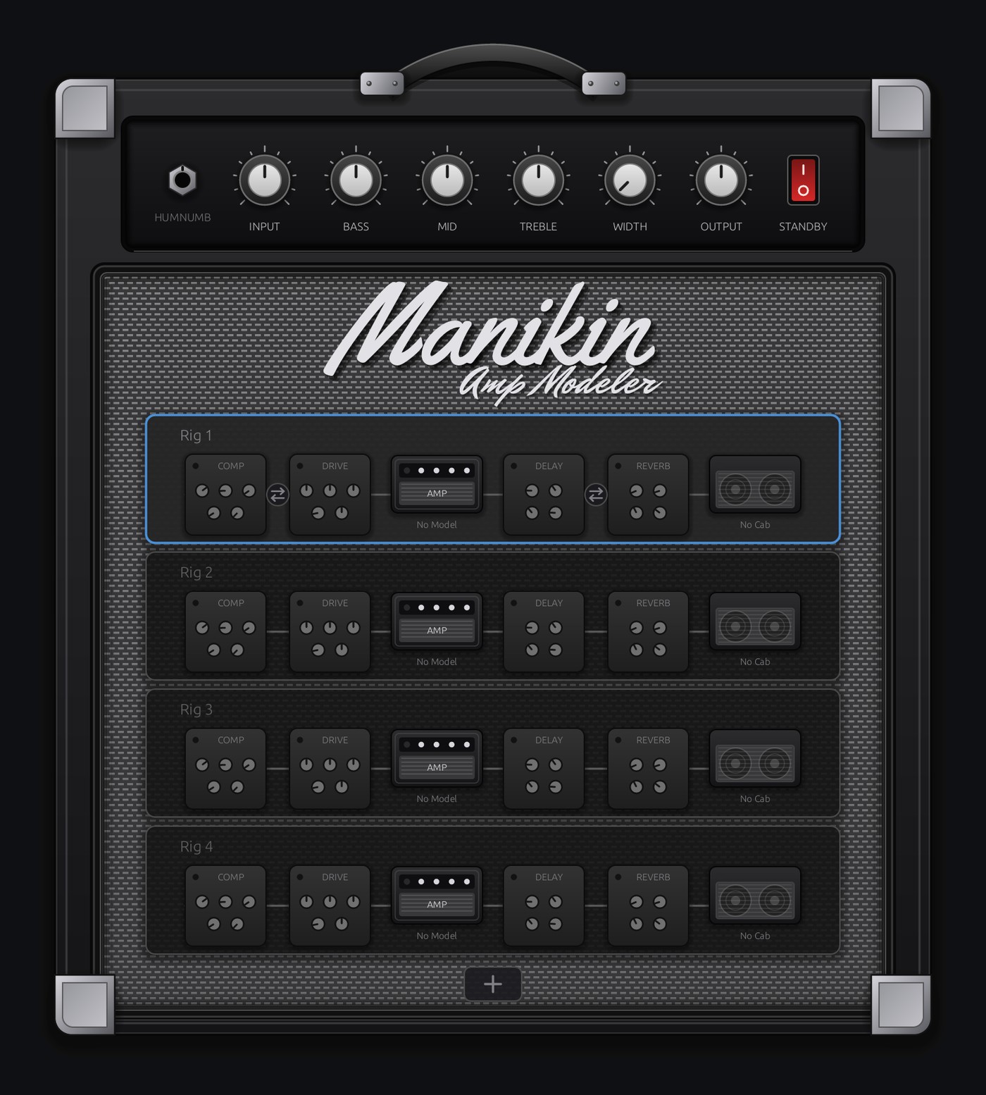 Manikin editor: an amp head with Input, Bass, Mid, Treble, Width, Output and Standby over a grille holding four named rigs, each a mini pedalboard of two pedals, the amp, two more pedals and the cab.